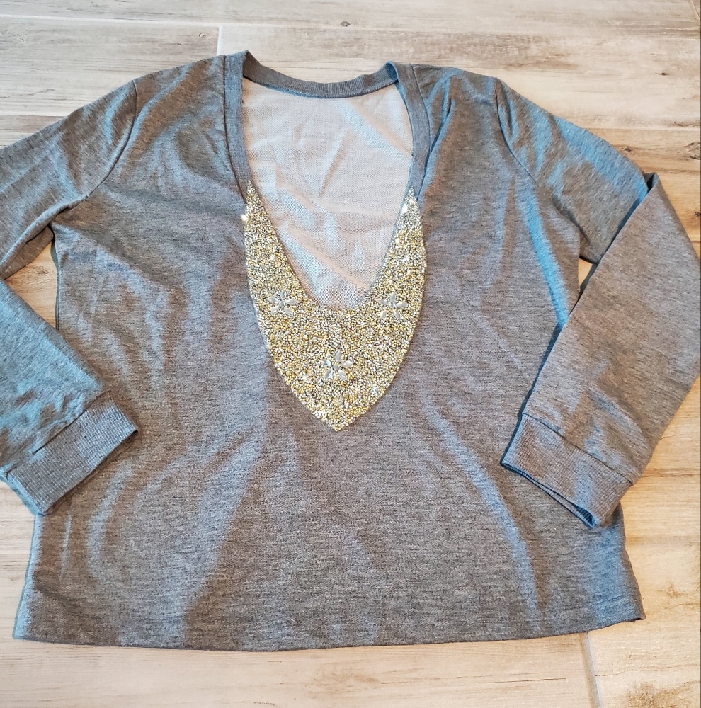 CBR Boutique Gray Jeweled Rhinestone Sweatshirt Large NWT Holiday Festive